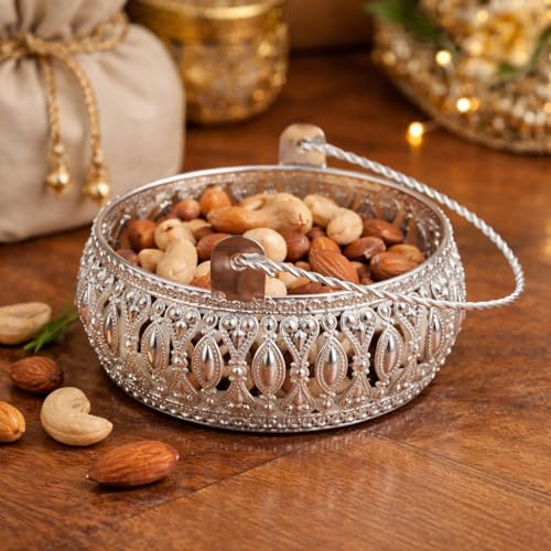 Image of German Silver Metal Basket with Pichwai Jars - Baby Shower Wedding Return Gift Hamper Basket for Dry Fruits, Nuts, Chocolates & Festive Gifting Diwali Puja