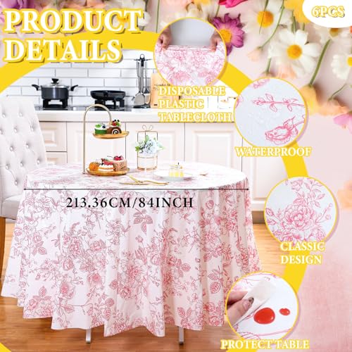 Image of Ganeen 6 Pcs Pink Floral Plastic Tablecloth 84 Inch Round Vintage Floral Tablecloth Disposable Round Flower Waterproof Table Covers for Birthday Wedding Baby Shower Picnic Dinner Party Decoration
