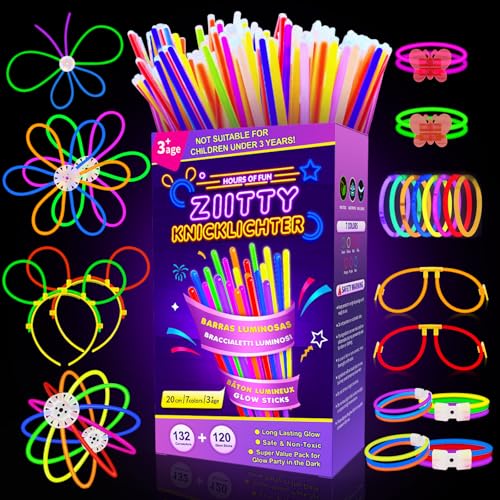 Ziitty Barras Luminosas, 120 Pulseras Fluorescentes y 132 Conectores, Crear Luminosas Gafas Pulseras para Niños Adultos, Boda Cumpleaños Decoracion Regalo Fiesta Cotillon Nochevieja Navidad