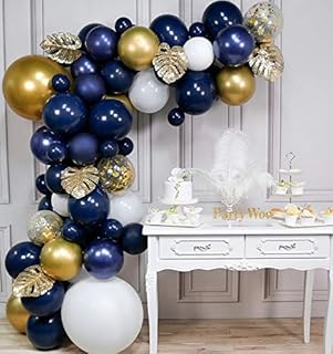 PartyWoo Navy and Gold Balloon Arch Kit, 67 pcs of 5 Gold Leaves, Giant Gold Balloon, Giant White Balloon, Navy Blue Balloons, White Gold Glitter Balloons, Gold Metallic Balloons for Navy Gold Party