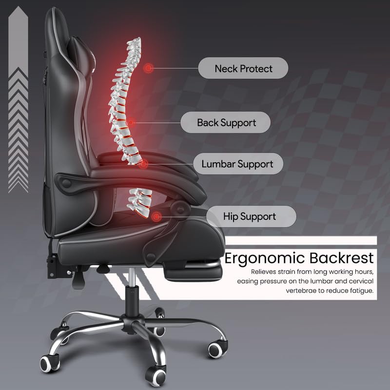 Image of ValorX USA Vector 2026 Edition I Ergonomic Gaming & Computer Chair in PU Leather | Dual Massager Back Cushion | Adjustable Neck & Lumbar Support | Ergo-Sync Armrests | Retractable Footrest (Grey)