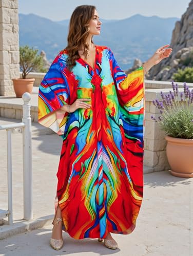 Image of IMAGEKOPE Women's Plus Size Animal Print V-Neck Batwing Kaftan Beach Dress Bathing Suit Cover-Up Loungewear