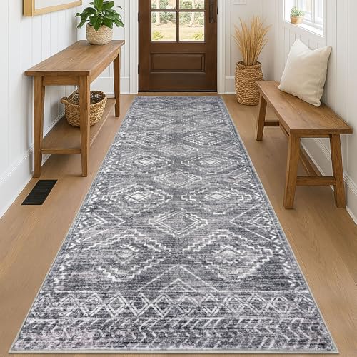 KILOCOCO Hallway Runner Rug 3'x8' Runners for Hallways Washable Runner Rug Non Slip Rubber Backed Low-Pile Runners for Bedroom Kitchen Living Room Laundry Room Boho Rugs, Grey