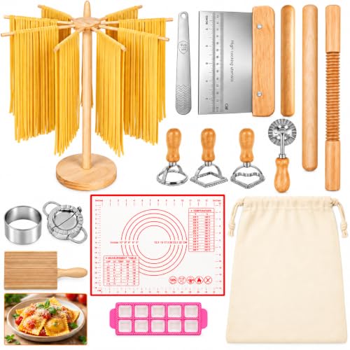Telaneo 17 Pcs Pasta Making Tool Set includes Pasta Drying Rack, Rolling Pin, Tablecloth, Dumpling Mold Cutter, and other Accessories For both Home Use and Beginner-level Pasta-making.
