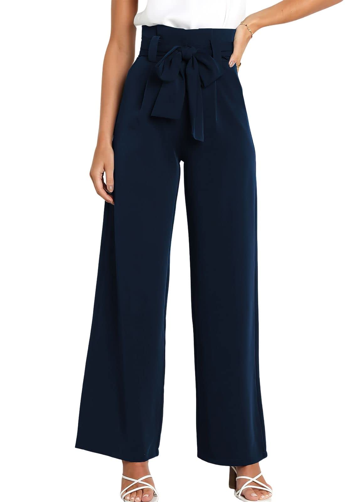 ebossy Womens High Waist Stretchy Wide Leg Palazzo Pants Casual Elegant Business Party Long Trouser with Belt
