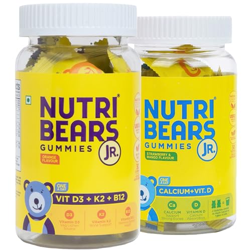 Image of NutriBears Kids Calcium and Vitamin D3 + K2 + B12 Gummies for Kids and Teens, 60 Gummy Chewables, Strawberry and Orange Flavour, Natural Gelatin Free Vegetarian Supplement for Strong Bones and Immunity, Combo Pack of 2