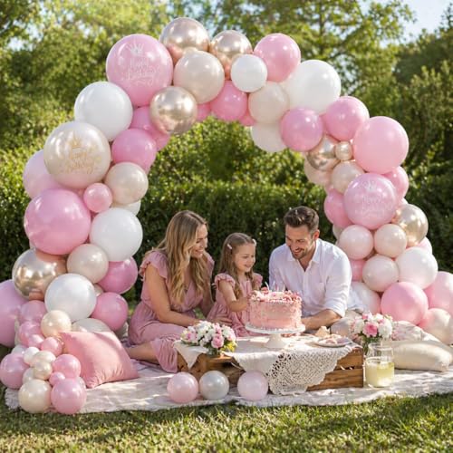 Image of Dusty Pink Beige Gold Birthday Balloons for Women Girls, Double Stuffed Pearl Light Pink Dusty Rose Sand White Cream Printed Balloons with Metallic Light Gold Balloon for Boho Neutral Birthday Party