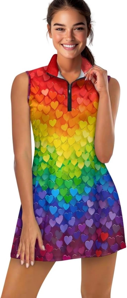 GLUDEAR Women Rainbow Heart Print Tennis Dress with Built in Shorts Sleeveless Casual Athletic Golf Dresses with Pockets