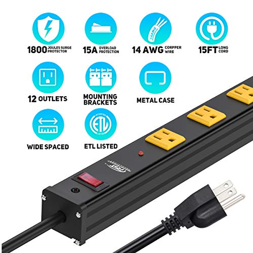 Crst Heavy Duty Surge Protector Power Strip Wide Spaced 12-Outlet 15 Feet Long Extension Cord With Mounting Brackets 15A Circuit Breaker 1800 Joules… #TOP1