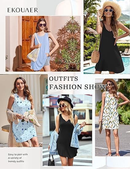 Image of Ekouaer 3 Pack Nightgowns of Women Tank Sleep Shirts Sleeveless Nightshirt for Sleeping Sleepwear V Neck Dress S-2XL