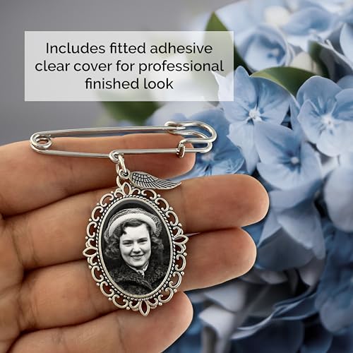 Wedding Bouquet Photo Charm Oval Boutonniere Pin with Guardian Angel Wing and Photo Resizing Software for Groom Bride or Family3
