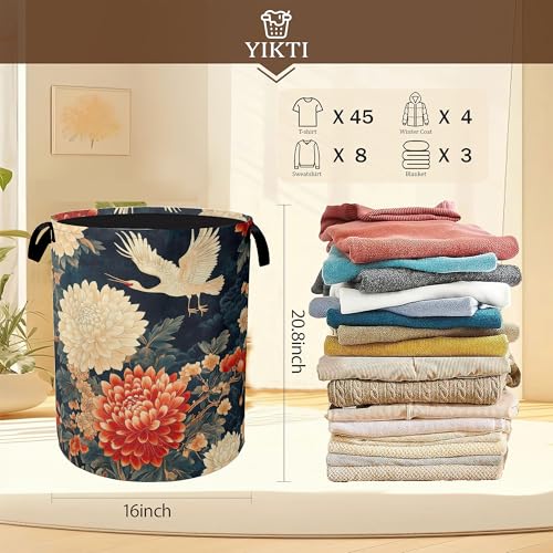 Image of Collapsible Laundry Basket,Retro Crane Dirty Clothes Hamper,Vintage Flowers Hampers for Bedroom Waterproof Oxford Cloth Storage Organizer for Bathroom,Nursery,Dorm,16x20 Inch