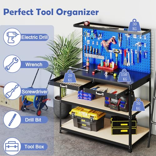 COSTWAY 121x61x156cm Workbench with Pegboard, Metal Garage Work Bench with 2 Drawers & 24 Hanging Accessories, 435kg Capacity Heavy Duty Tool Storage Workstation for Workshop Warehouse (Navy + Black) 2 COSTWAY 121x61x156cm Workbench with Pegboard, Metal Garage Work Bench with 2 Drawers & 24 Hanging Accessories, 435kg Capacity Heavy Duty Tool Storage Workstation for Workshop Warehouse (Navy + Black) - Image 2