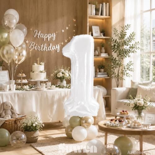 Image of SUWEN 40 Inch White Large 10 Balloon Number Big Foil Helium Numbers 0-9 | Giant Jumbo Happy 10th Birthday Party Decorations for Men or Women Huge Mylar Anniversary Party Supplies