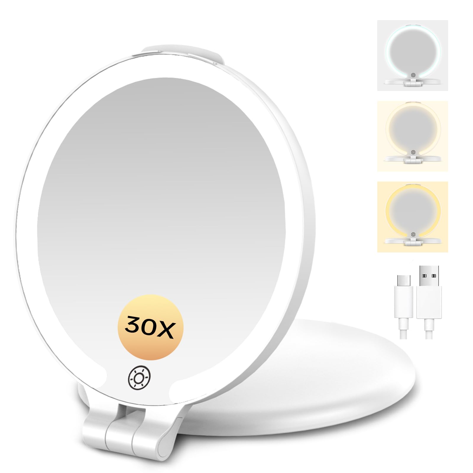 FUNTOUCH Rechargeable Travel Makeup Mirror 30X Magnification, 7" Lighted Portable Vanity Mirror with 3 Colors Lighting & Stepless Dimming, Double Sided LED Mirror, Gift for Women,White 30x-white