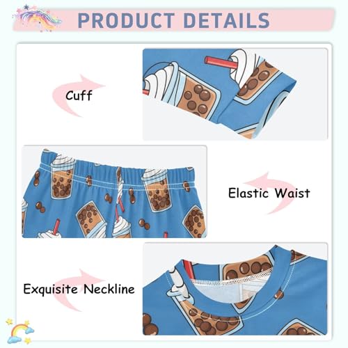 Pajama Sets Long Sleeve Bubble Tea Pattern on Blue Soft Comfy Sleepwear 2 Piece PJS 3-8T4