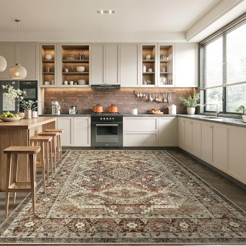 Rugland 9x12 Area Rug - Stain Resistant Washable Rug, Anti Slip Backing Rugs for Living Room, Vintage Tribal Area Rugs (TPR07-Rust, 9'x12')