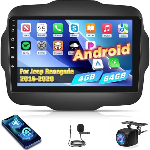 Android Car Radio for Jeep Renegade 2016 2017 2018 2019 2020 | [4+64G] 9 Inch Touchscreen Car Stereo with Wireless Carplay and Android Auto, EQ Audio, WiFi, GPS, SWC, BT+ AHD Backup Camera