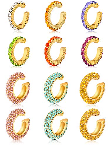 12 Pieces Rhinestone Ear Cuff Earrings C-shape No Piercing Earrings Colorful Cartilage Ear Clips for Women