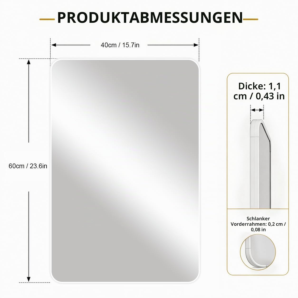 Weißer Rahmenspiegel 40 x 60 cm, großer Badezimmer-Wandspiegel, rechteckiger Badezimmer-Wandspiegel, hängend horizontal/vertikal