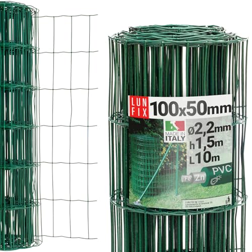 Grillage cloture jardin vert PVC, mailles 100 x 50 mm Ø 2.2 mm, hauteur 150cm, rouleau 10m, acier galvanisé plastifié, grillage a poule, cloture exterieur...