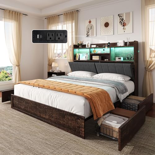 AMERLIFE King Size Platform Bed with Storage & LED Headboard