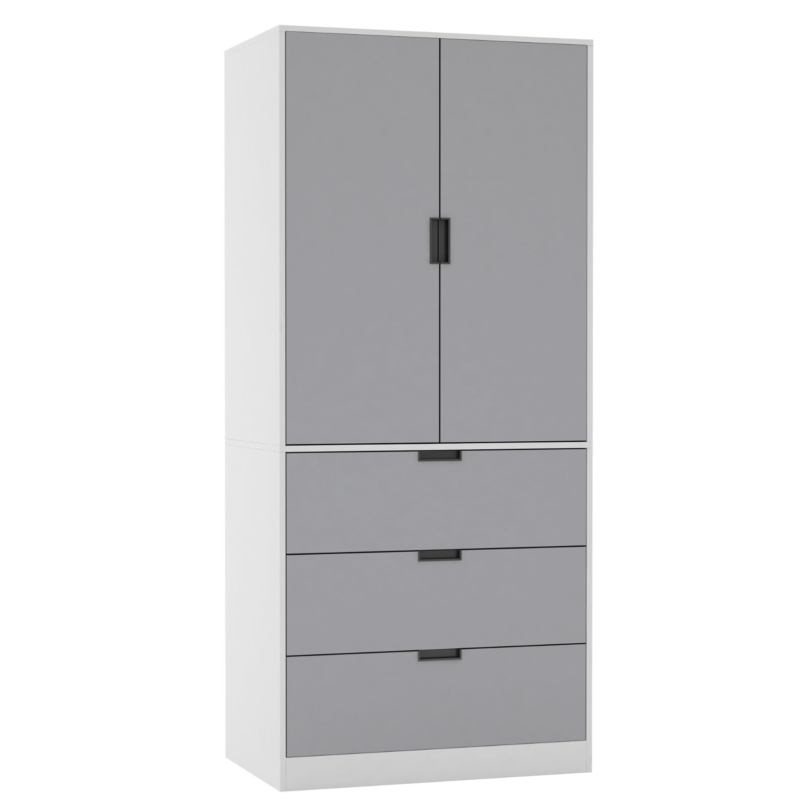 URBNLIVING Modern 2 Door Wardrobe with 3 Drawers & Hanging Rail, Stylish Freestanding Storage, Spacious Interior, Durable Chipboard Build, Easy to Assemble Bedroom Furniture