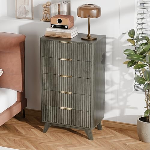 Image of VINGLI Fluted Tall Dresser 5 Drawer, 23.66 inch W Chest of Drawers Gray Wood Dresser with Rounded Edges, Grey Dressers for Bedroom, 23.66 inch W*15.6 inch D*44.88 inch H