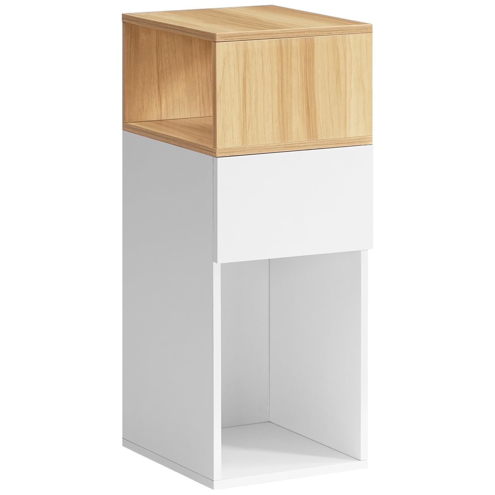HOOBRO Mesita de Noche Estrecha con 1 Cajón y 2 Compartimentos Abiertos, Mesa Auxiliar Pequeña, Mesa Lateral para Sofá, para Dormitorio, Salón, Blanco y Natural EWN196BZ01