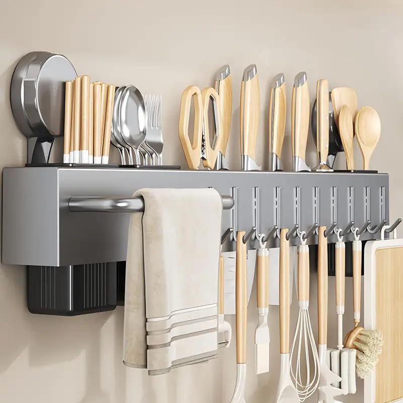 Multifunctional Durable Kitchen Utensil Organiser Wall Mount, Multi-Slot Storage Rack with Towel Rod, Detachable Hooks, Grey PP Material, No Drilling (40cm - 1 box, 6 Hooks)