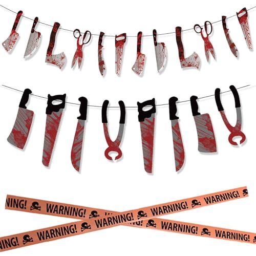 KALUROIL 3 PCS Decoración de Halloween para la casa - Kit de Adornos de Terror con Cuchillos, Sierras y Tijeras - Accesorios para Puertas y Exteriores - Banner de Halloween