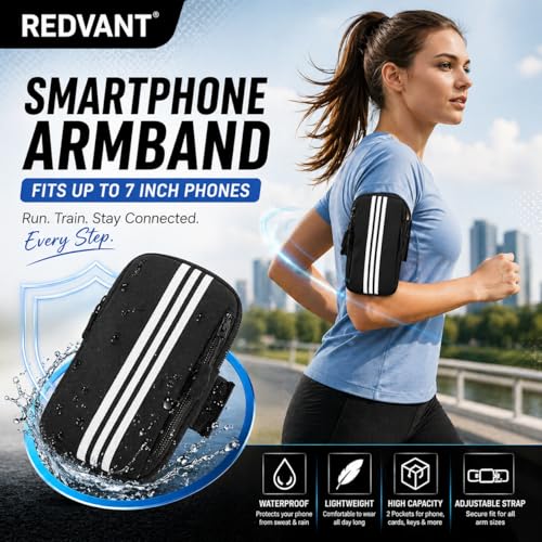 Image of Armband for Smartphone Up to 7 Inch Display | Running Mobile Holder with Dual Pockets | Waterproof, Sweatproof & Adjustable Arm Band for Gym, Cycling, Workout (Black)