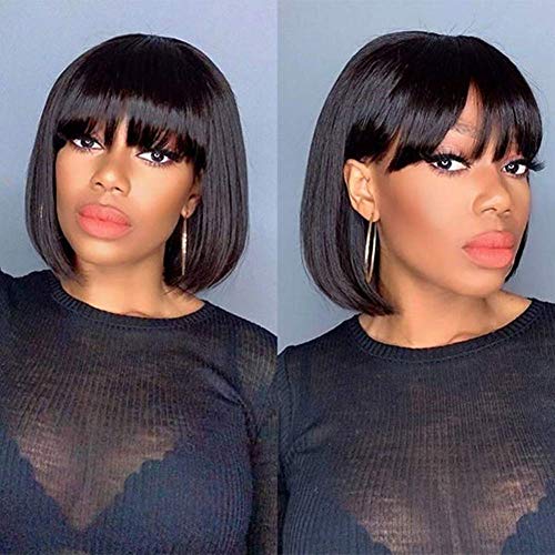 Peiyulex Straight Human Hair Wigs with Bangs Brazilian Virgin Hair 150% Density Machine Made None Lace Front Wigs for Black Women Glueless Middle Part Lace Scalp Wigs Natural Color
