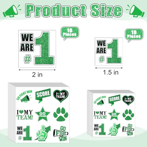 180-Pcs-Team-Spirit-Temporary-Tattoo-2-15-Face-Body-Paw-Go-Team-Cheer-Tattoo-Removable-Glitter-School-Spirit-Stickers-for-Classroom-Cheerleading-Teams-Carnival-Sports-Games-Green