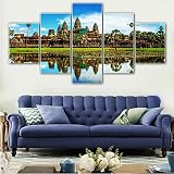 Basilefc Peinture Sur Toile - 5 Pièces 200X100Cm Ciel Bleu, Plante Verte, Bâtiment Du Temple D'Angkor Wat Doré 5 Pièces Cadres En Bois Peintures Sur Toile Affiches Art Mural Impression Image Chambre D