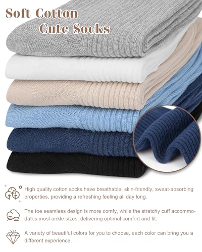 Image of YSense Women's Cotton Crew Socks 6 Pairs, Long Cute Aesthetic Neutral Athletic Boot Socks for Women Stocking Stuffers Gifts