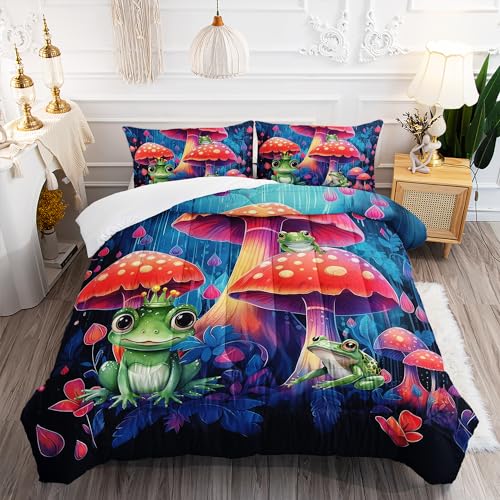 Image of AILONEN Red Mushroom Comforter Set, Boys Girls Twin Size Bed in a Bag,Cute Cartoon Frog Print Bedding Nature Forest Wild Fungus Comforter Set 3 Pieces, 1 Quilt and 2 Pillowcases