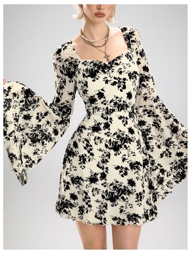 Image of WDIRARA Women's Floral Jacquard Mesh Gothic Dress Bell Long Sleeve A Line Vintage Dresses
