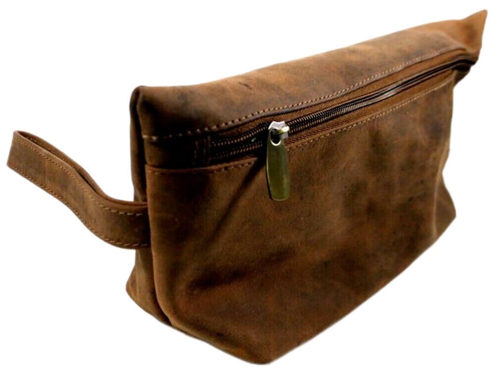 Genuine Unisex 12" Leather Utility Bag Dopp kit - Travel Toiletry Shaving Kit with Leather Wrist Strap