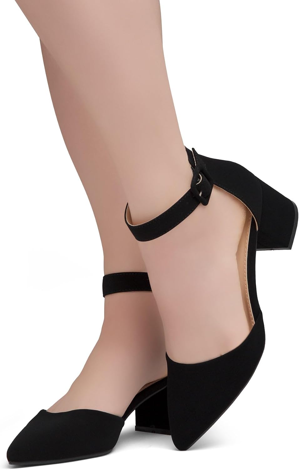 Shoe Land Closed Toe Heels for Women – Low Block Pumps with Ankle Strap, Pointed Toe Comfortable Chunky Dress Shoes for Office Work Wedding
