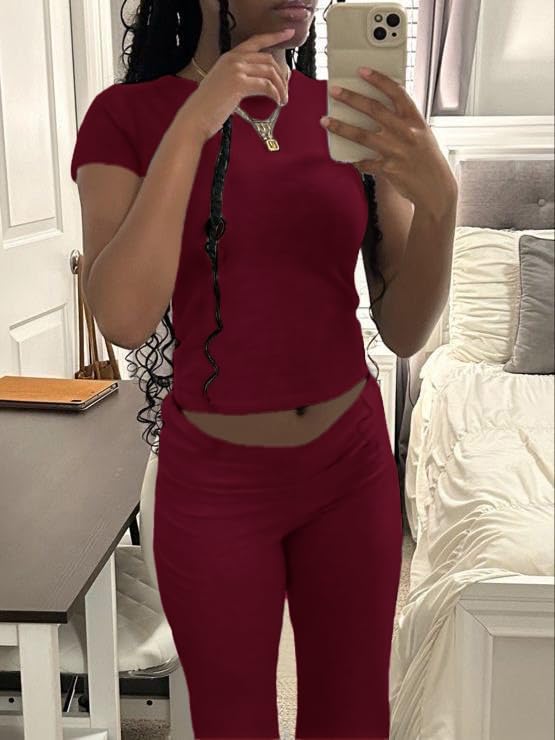 Image of AYWA Women's 2 Piece Lounge Sets Short Sleeve Crop Top Foldover Flare Pants Casual Pajama Outfits