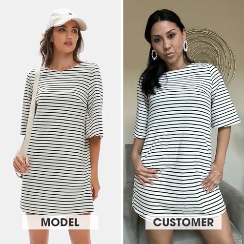 Image of EXLURA Women's Summer T Shirt Dress Casual Short Sleeve Loose Striped Mini Dresses 2026 Vacation Beach Sundress Pockets