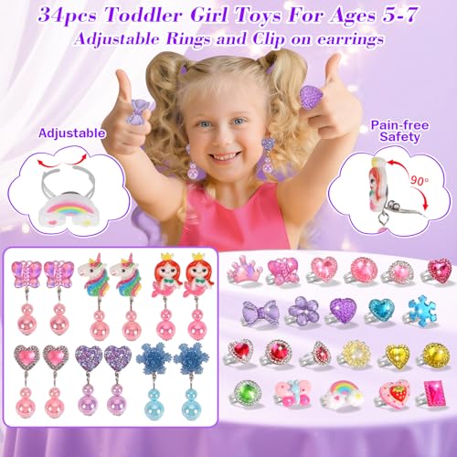 Toddler Girl Toys for Ages 5-7 Jewelry,34pcs Girls Toys Age 6-8 Clip on Earrings for Girls age 8-10 Kids Princess Toy Adjustable Ring Girl Toy Age 3 4 5 6-8 Year Old Birthday Christmas Gifts2