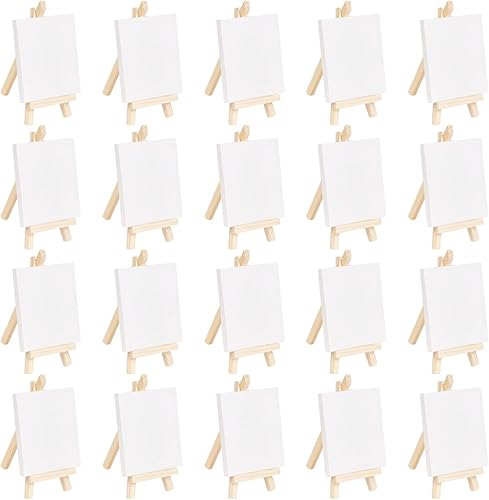 KUANVE Paquete de 15 mini lienzos estirados de 3 x 3 pulgadas con mini caballete de madera natural de 5 pulgadas soporte de trípode de artista