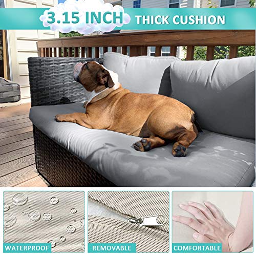Lovinouse 7 Piece Patio Furniture Sets, Outdoor Conversation Set, All Weather Wicker Sectional Sofa Couch, with Dining Table and Ottoman, Cushions, Red Pillows, for Backyard Garden (Gray) - Thumbnail 6