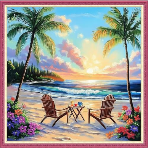 Image of Fanxvivy Stamped Cross Stitch Kits for Beginners Full Range of Cross Stitching Preprinted Embroidery Kits for Adults, 11CT Embroidery Pattern Needlepoint Kits-Drinking Tea resting18x18 inch