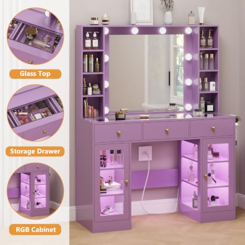 Image of HUANLEGO Purple Vanity Desk with Mirror and Lights, Glass Top Vanity with Lighted Mirror & RGB Glass Cabinet and 3 Drawers, Makeup Desk with Lights Dressing Table for Bedroom, 3 Color Modes