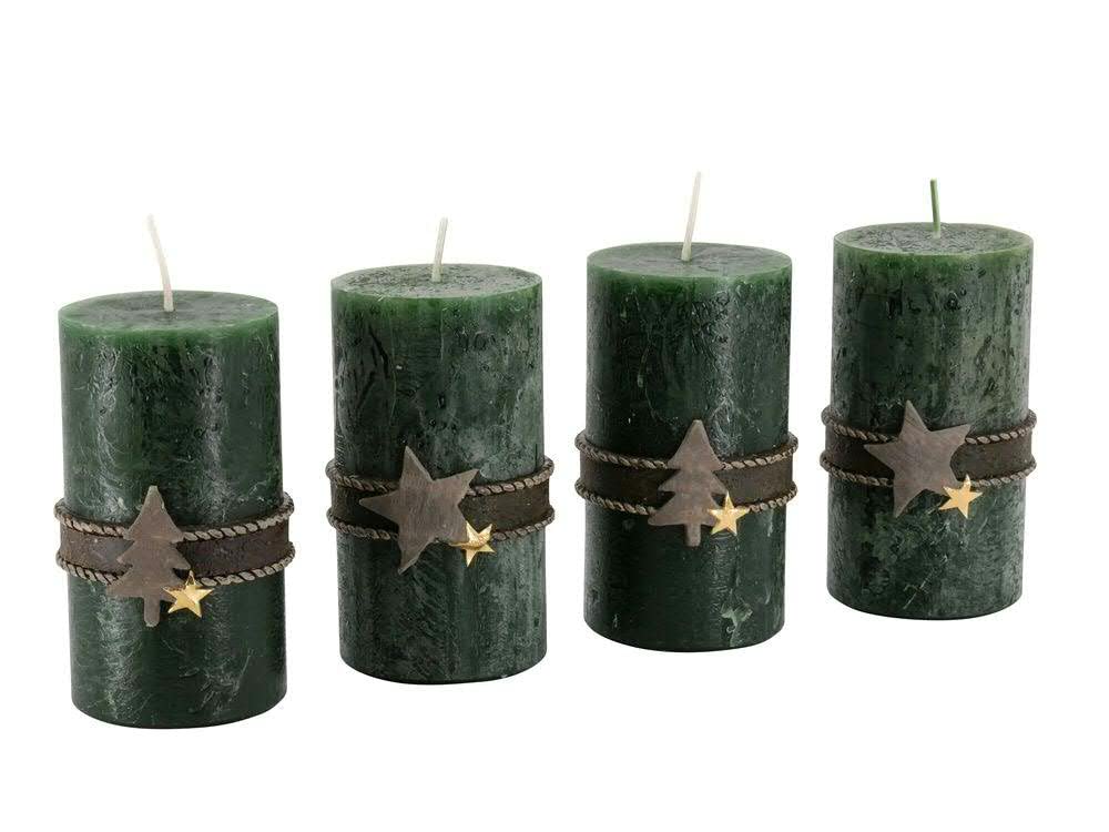 Adventskerzen mit Motiven – 4er Set - Rustikale Oberfläche - Kerzen/Stumpenkerzen für Weihnachtskranz/Adventskranz - Weihnachten (Jägergrün, Höhe 11 cm/Ø 6 cm), Unparfümiert