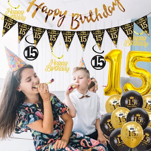 Xietaea Deko 15 Geburtstag Jungen Mädchen - Schwarz Gold Luftballons Happy Birthday Girlande Tortendeko, XXL Zahlenballon Hängende Spiralen und Wimpel für 15 Jahre Geburtstagsdeko