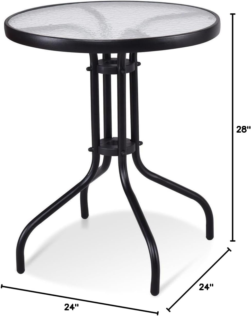 24" Patio Bistro Table Tempered Glass Top Steel Frame Outdoor Garden Backyard Furniture